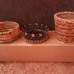 Set Of 3 Beaded Stones Candle Votive Tealight Holders / Trinket Trays 
