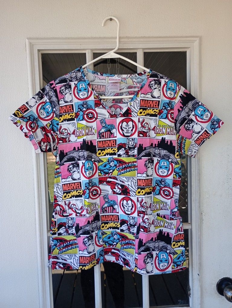 Marvel Avengers Scrub Top Women’s XS White Comics Shirt