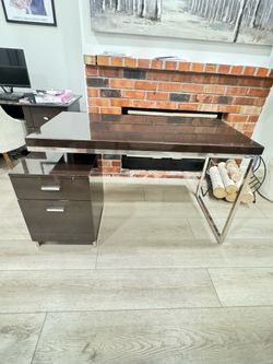 Brown glossy desk with attached file cabinet