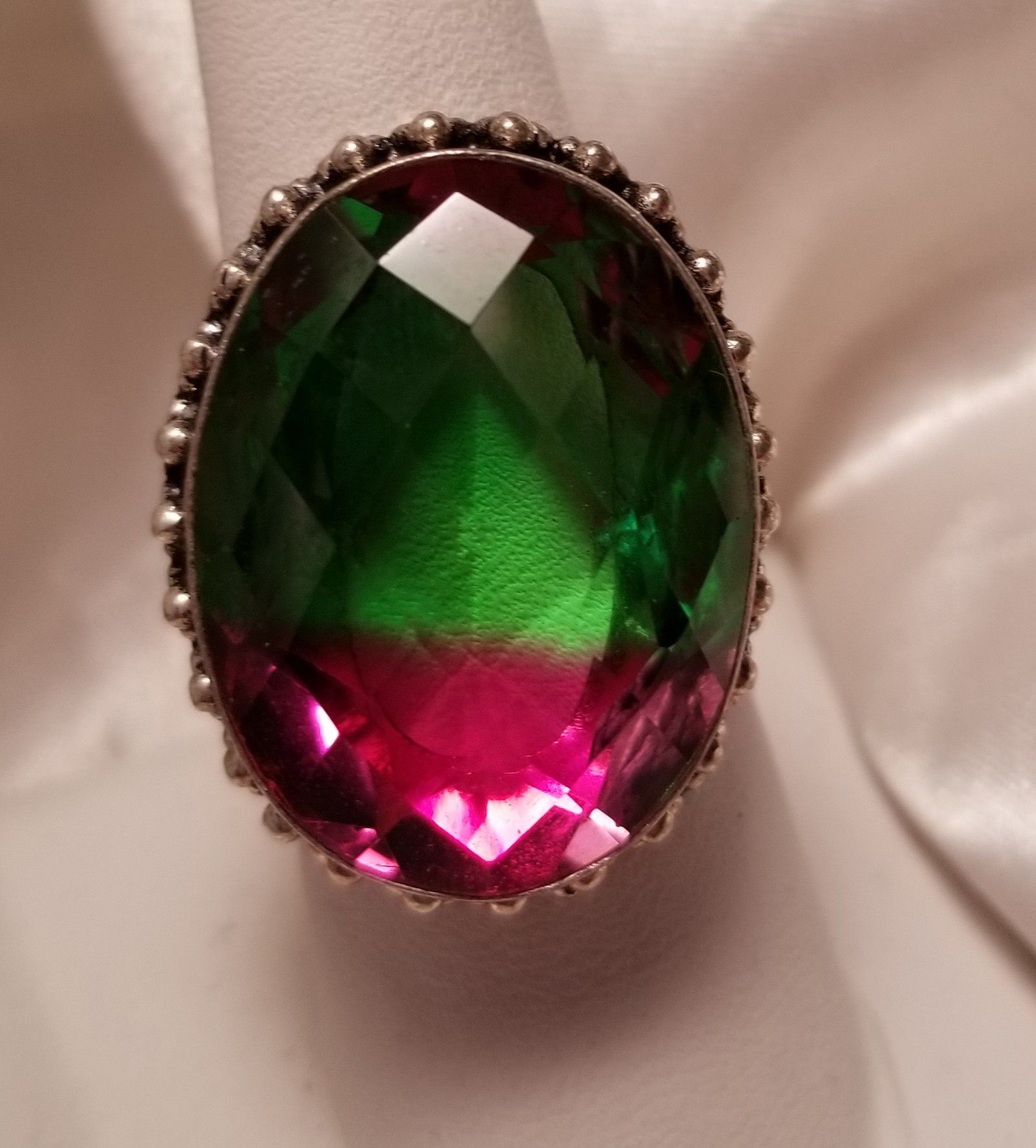 Lab tourmaline and sterling silver large ring, size 8