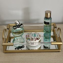 15” Gold Mirrored Tray with Lucite Trim and Handles 