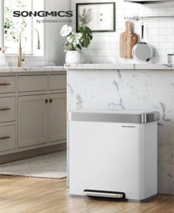 SONGMICS HOME 2 x 30L Kitchen Stainless Steel Trash Can w/ Pedal - White