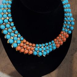 Teal And Orange Beaded Necklace 