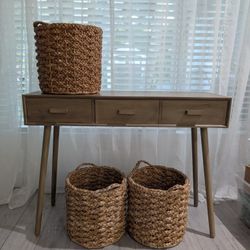 Console Table and Woven Baskets Set Of 3