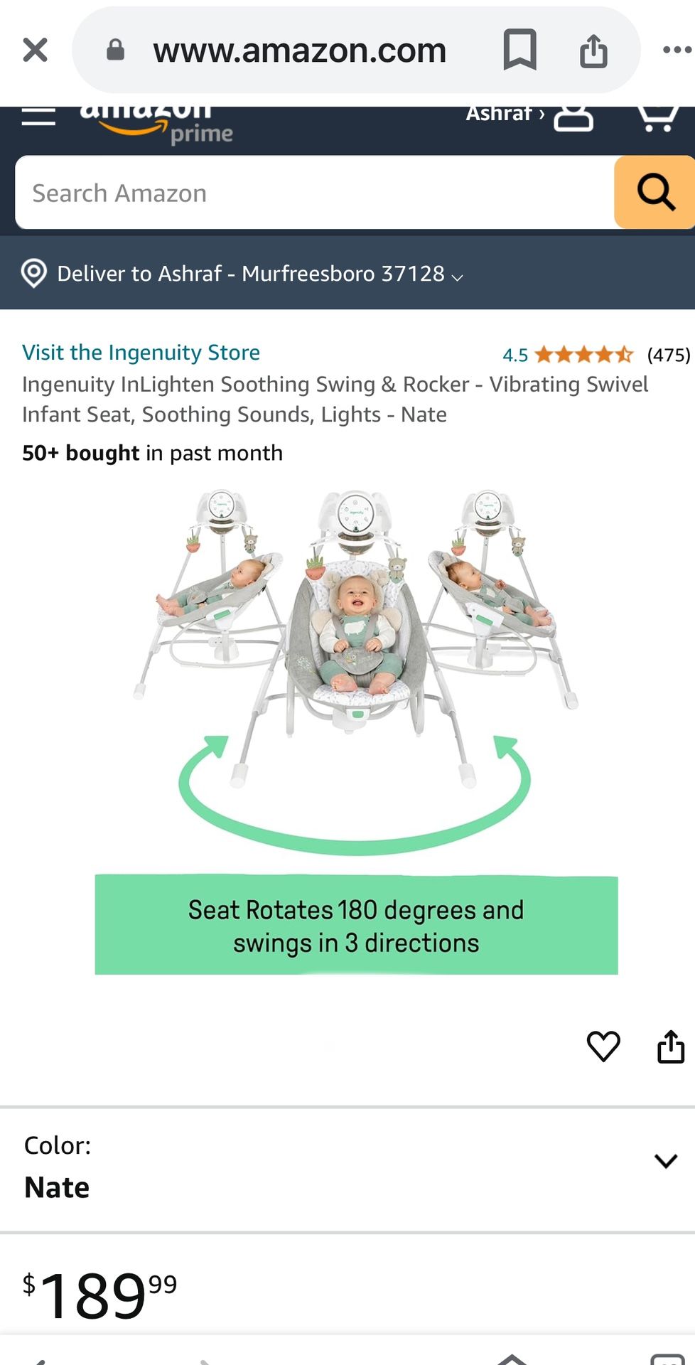 Ingenuity InLighten Soothing Swing & Rocker - Vibrating Swivel Infant Seat, Soothing Sounds, Lights - Nate Brand New in the Box