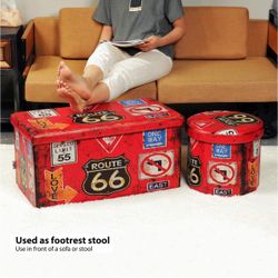 (2 Pieces)30 inches Folding Storage Ottoman with Lid Tray, Faux Leather Storage Box Shoe Bench Toy Chest, 15"