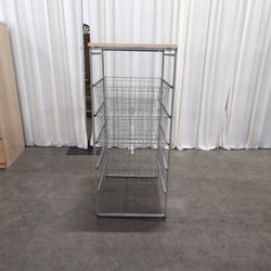 Gray Metal Four-Basket Drawer Unit with Wooden Top