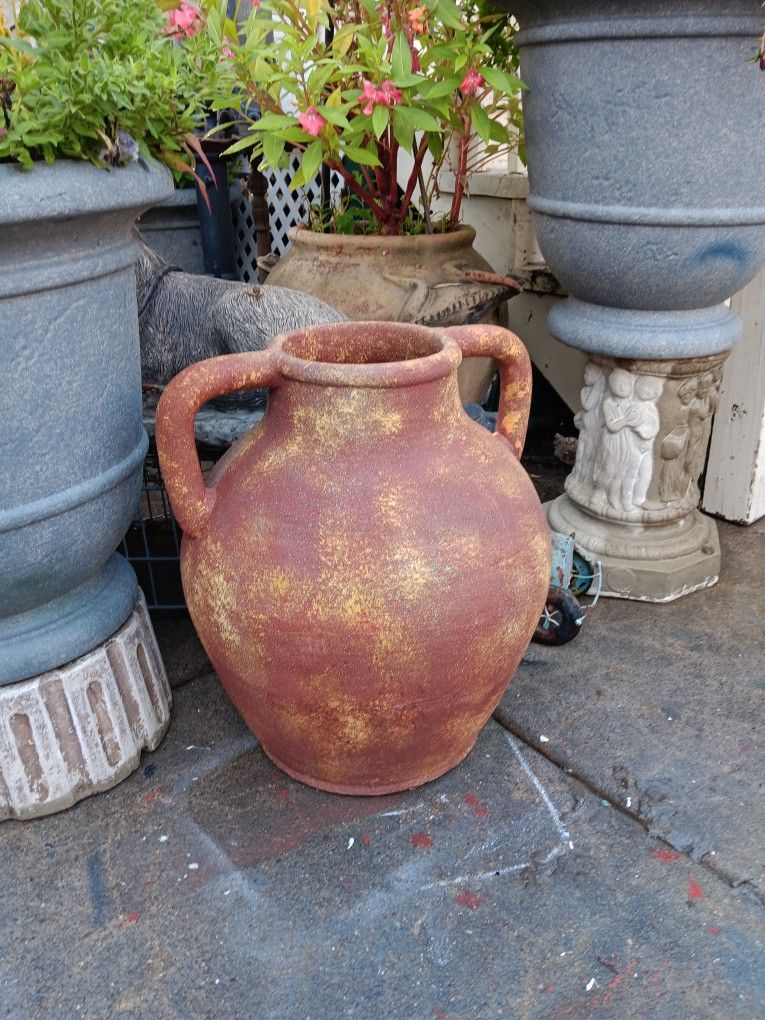 21" H Antique Terracotta Primitive Clay Pot Decoration