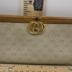 Vintage 80s 90s Gucci Leather Canvas Bifold Long Wallet GG Supreme Beige Brown
