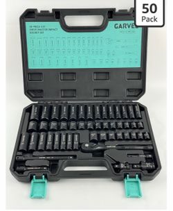 3/8" Drive Impact Socket Set 50-Piece, 5/16" to 3/4" and 8-22mm | SAE and Metric, Deep & Shallow, 6 Point Cr-V, Ratchet Handle, Universal Joint, with 