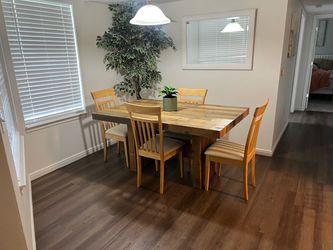 Rustic Wood Dining Table with 4 Chairs-62” L × 39” W × 31.5” H.