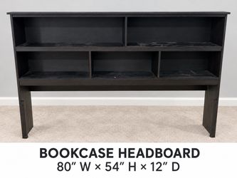 Dark Wood Bookcase Headboard with Storage Shelves – 80″ Wide