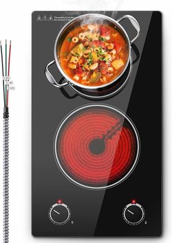 SNDOAS 2 Burner Electric Cooktop,12 inch Built-in 3000W and 9 Power Levels Glass Ceramic Stove Top,Electric Stove with Knob Control,Hardwired 240V for