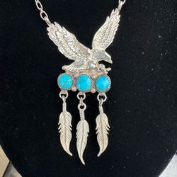 Vintage 925 Sterling Silver Native Am. Artist Richard Begay Eagle necklace w / natural turquoise stones, 18in . Marked RB Sterling