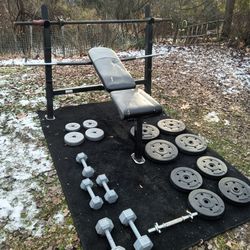 Nice adjustable bench 
60 Pounds in Dumbbells 
120 Pounds in Standard Weights
2 dumbles handles 
2 Barbells delivery Available

Thank you great set fo