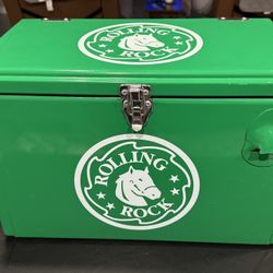 Rolling Rock Promotional Metal Cooler with Bottle Opener.