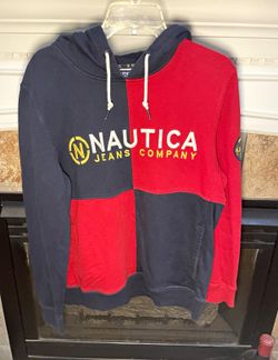 Vintage Nautica Jeans Company Hoodie Men M Red Navy Colorblock Spellout Y2K