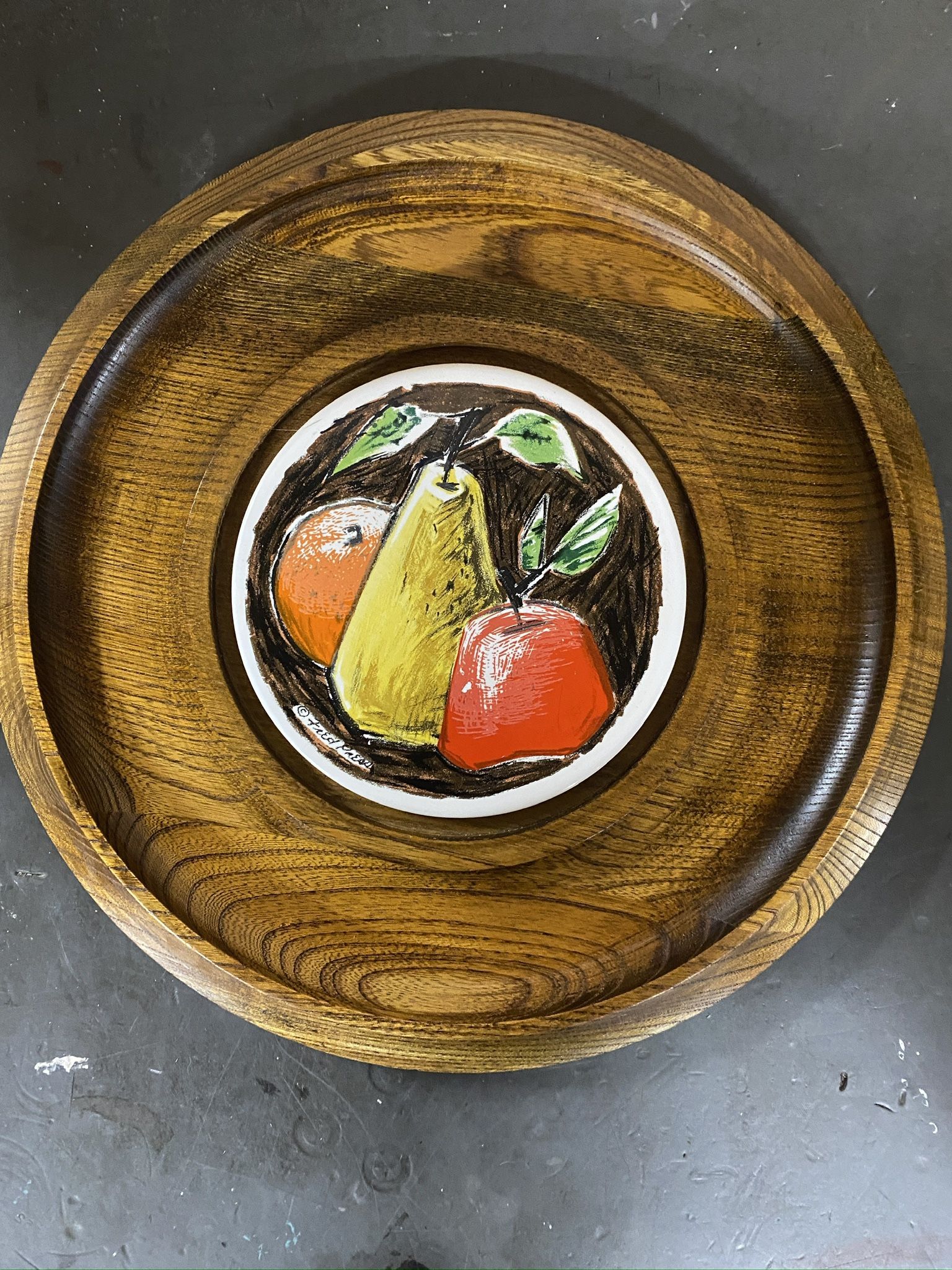 Hand Painted Ceramic Fruit Inlay Wooden Cheeseboard Vintage