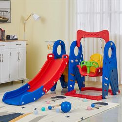 Albott Toddler Slide and Swing Set, 4 in 1 Climber Slide Playset with Basketball Hoop, Full Enclosed Stairs, Kids Playset for Both Indoors & Backyard 