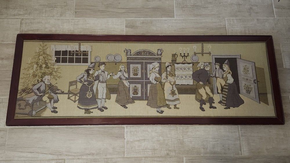 Antique Embroidered Silk Tapestry Christmas Family Scene