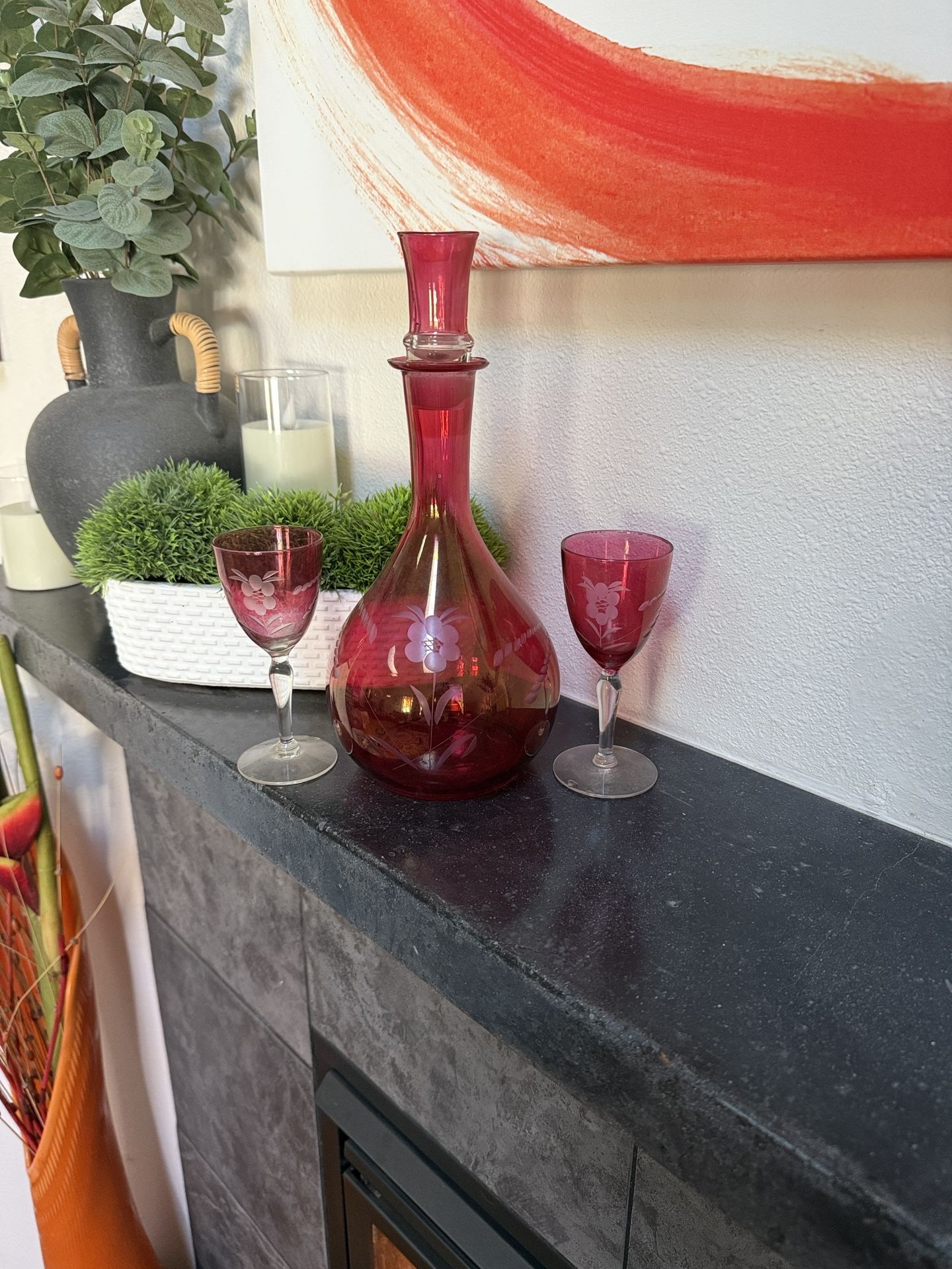 ⭐️💲SOLD💲⭐️ Antique Cranberry Flash etched Glass Decanter Shot glass stopper & 2 Goblets SET
