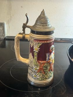 German Ceramic Beer Stein with Pewter Lid