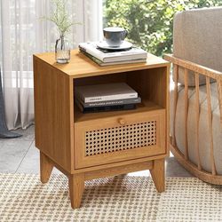 Boho Rattan Nightstand with Decor Drawer & Open Shelf, Living Room, Bedroom, Top, Sturdy, Oak
