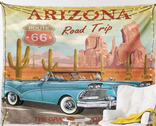 Vintage Arizona Route 66 Road Trip Retro Convertible Wall Tapestry 37"× 28"