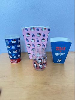 Hello Kitty Dodgers Bundle Mason Jar, Popcorn and Chicken tubs, Cup W/lid