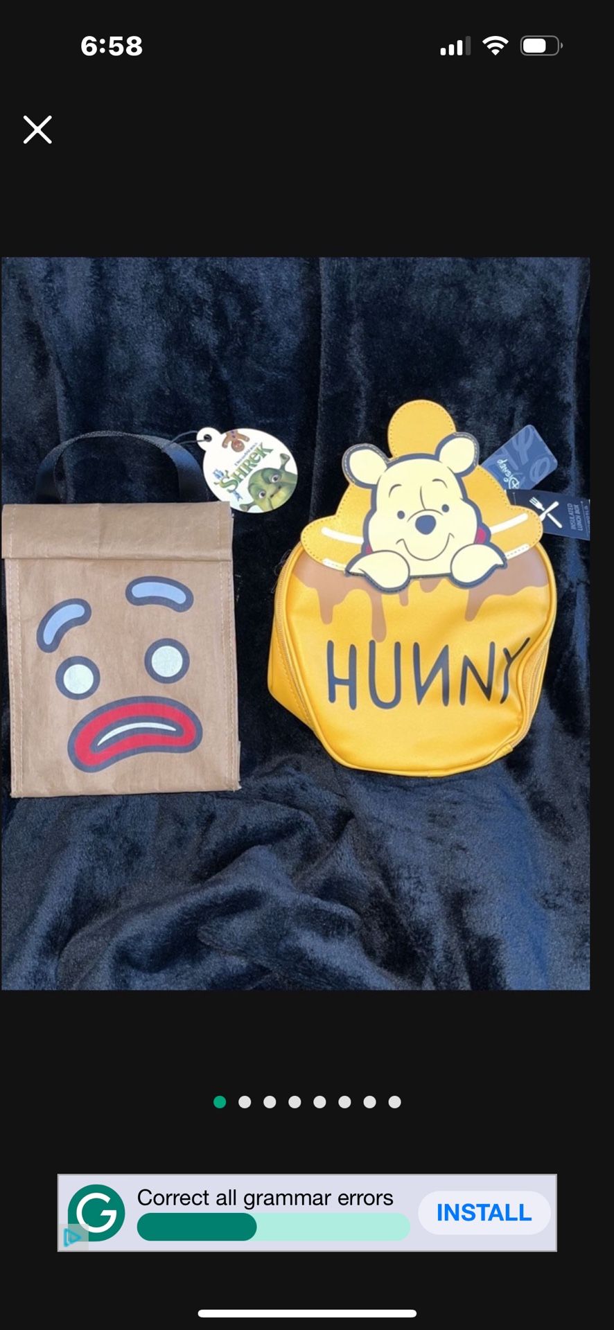 Disney Winnie The Pooh OR Shrek Velcro GINGY Reusable Lunch Bag $ 20 Each Or both for $30