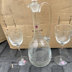 Romanian Etched Glass Decanter And Two Matching Wine Glasses 