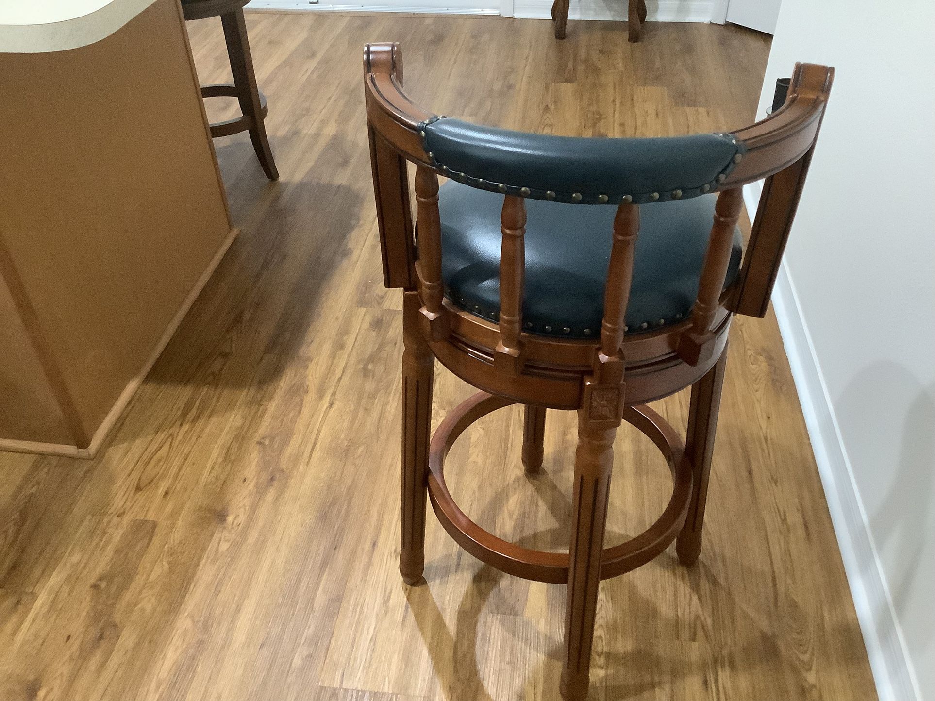 Three Wood, Blue Leather Bar Stool