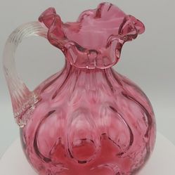 Gorgeous Vintage Fenton Cranberry Glass Pitcher With Clear Twisted Handle "Thumbprint Pattern"