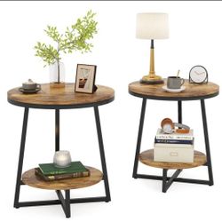 2 set 2-Tier End Table, Round Accent Bedside Table with Storage Shelf