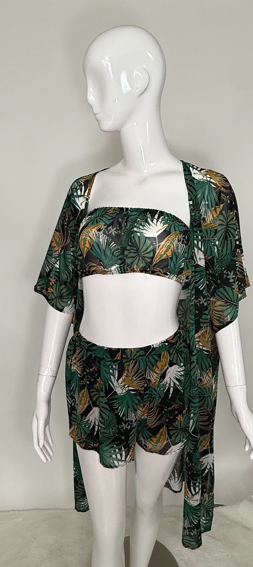 3-Piece Tropical Leaf Cover-Up Set