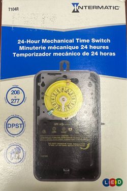 Intermatic T104R 24-Hour Mechanical timer  Time Switch Title: Intermatic T104R 24-Hour Mechanical Time Switch – DPST – 208V–277V Outdoor Rainproof Enc