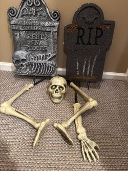 Halloween Yard Decor Lot – 2 Foam Tombstones (RIP / Rest in Pieces) + Groundbreaker Skeleton Set
