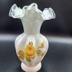 Fenton Milkglass Silver Crest Vase With Yellow Design