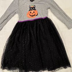 Little Girls 6X orange and black Halloween dress with Black Tulle Skirt