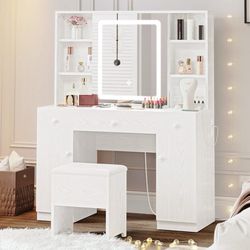 Vanity Desk Set with Large LED Lighted Mirror & Power Outlet, 7 Drawers Vanities Dressing Makeup Table with Storage Bench, for Bedroom, Industrial Sty