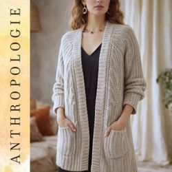 Anthropologie Moth Grey Open Front Chunky Knit Long Cardigan Cotton/Cashmere Blend Size Small 