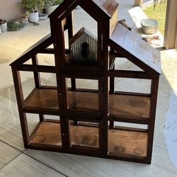 3 1/2 Ft Tall Custom Made Redwood Plant Stand W/metal Birdhouse 