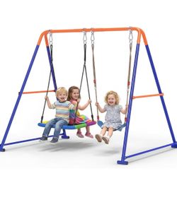 New in box! 2 in 1Swing Set for Backyard, Platform & Belt Swing, 440lbs Heavy-Duty A-Frame with 8 Ground Stakes, Weather-Resistant, Nylon Loop Hooks, 