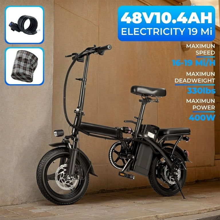 48V 400W Electric Bikes,14" Tires, 20mph, 19-22mi Range, Dual Disc Brakes, Adjustable Seat, Removable Basket, Folding Design.