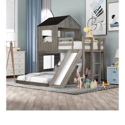 Harper & Bright Designs Twin Over Full House Bunk Bed with Slide, Color Antique Gray