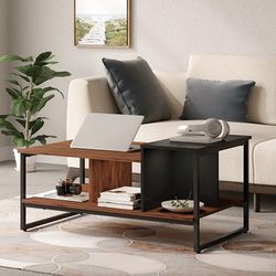 HOMOOI Coffee Table with Storage Shelves, Multi-Level Platform with Two Heights Side, End Table for Living Room Balcony Home and Office, Sapele…

