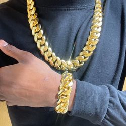 SET Chain & Bracelet Miami Cuban Link Gold Plated Necklace Chain Bracelet 