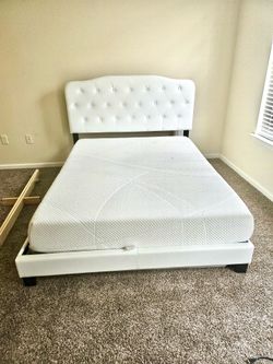 Queen Bed Set – Tufted White Upholstered Frame + Memory Foam Mattress
