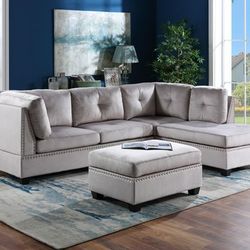 Sienna Silver Velvet Sectional with Ottoman

