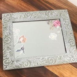Small Mirror Painted in Sage Green w/ Silver accents and floral transfers